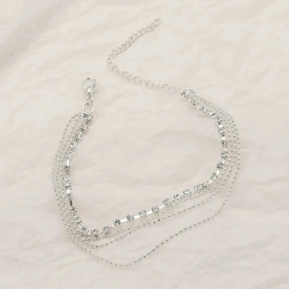 Silver Beaded Rhinestone Chain Tiers Tiered Layered Tennis Ankle Bracelet Anklet - Picture 12 of 16